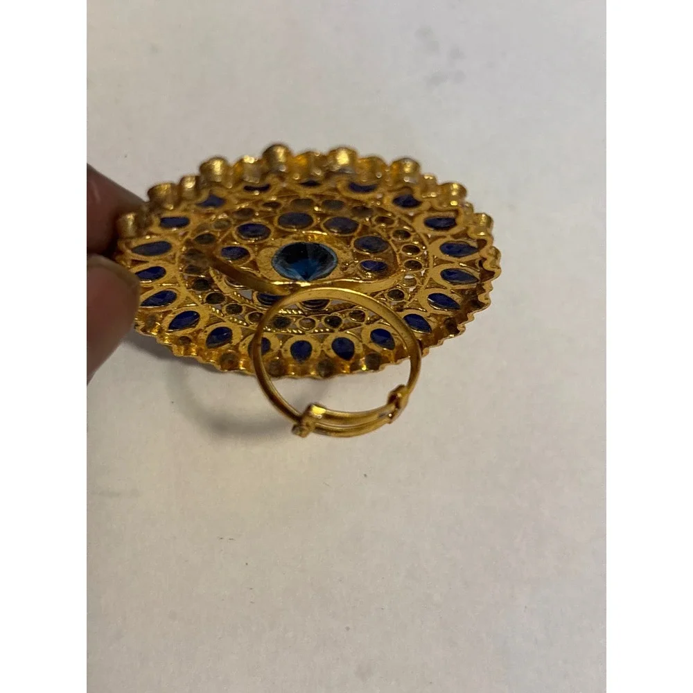 Gold Tone Round Statement Ring‎ Blue Crystal Rhinestone Adjustable